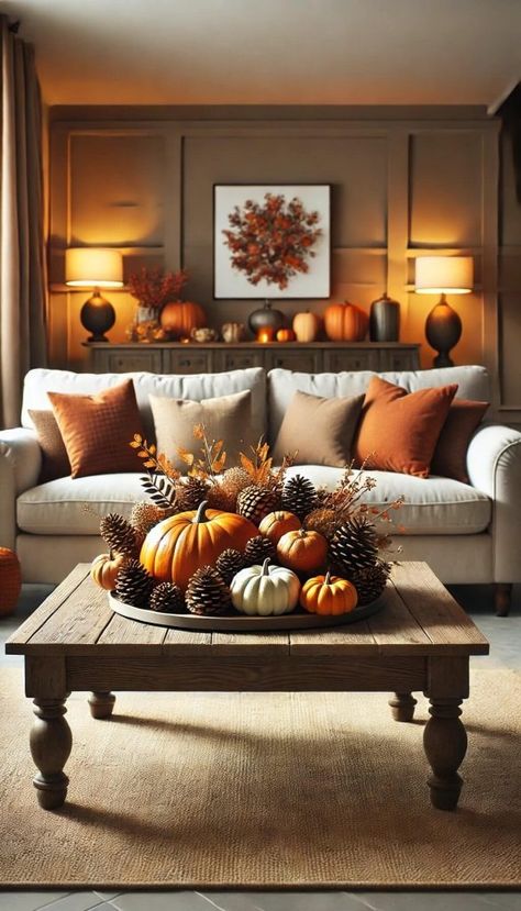 20+ Stunning Fall Living Room Ideas To Transform Your Home 36 Thanksgiving Decorations For Living Room, Decorating For Fall And Halloween, Fall Decor Living Room Ideas, Fall Color Palette Living Room, Living Room Fall Ideas, Thanksgiving Decor Ideas For The Home, Fall Home Decor Ideas Living Rooms, Autumnal Living Room, Cozy Fall Living Room Ideas