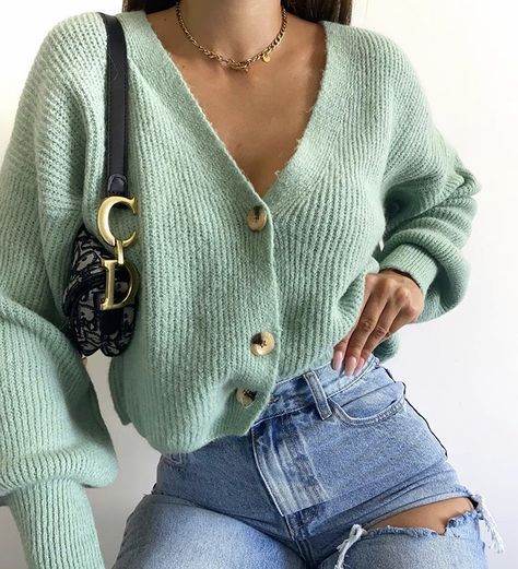 Mint Cardigan Outfit, Mint Green Sweater Outfit, Short Cardigan Outfit, Green Cardigan Outfit, Green Sweater Outfit, Mint Green Outfits, Sweater Cardigan Outfit, Mint Cardigan, Mint Outfit