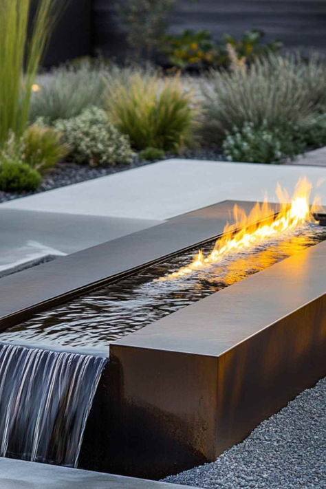 How to Incorporate Fire and Water Features in Your Garden - Luxury Indoor & Outdoor Fountains For Home Gardens & Commercial Landscapes Modern Outdoor Fountain Ideas, Fire Water Fountain, Outdoor Fire Feature Ideas, Water Fountain In Garden, Modern Water Features In The Garden, Fountain Design Modern, Water And Fire Feature, Fire Pit With Water Feature, Pool Fountain Ideas