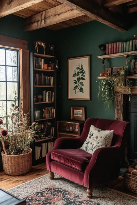 How To Achieve The Dark Cottagecore House Aesthetic - The Complete Guide Edwardian House Decor Ideas, Raw Wood Living Room, Dark Walls Decor, Dark Color Decor, Cozy Living Rooms Moody, Cottagecore Home Decor Bedroom, Dark House Inspiration, Fae Room Aesthetic, Dark Aethstetic Home Decor