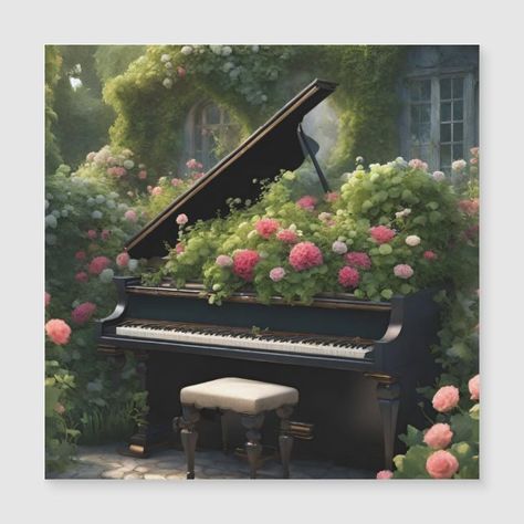 Step into a whimsical world where music and nature entwine in perfect harmony. This enchanting oil painting-style design transports you to a serene garden where a majestic grand piano takes center stage. As if by magic, vibrant flowers bloom from the piano's keys, #pianoart #grandpiano #gardenart #fantasygarden Piano Flowers, Piano With Flowers, Piano Oil Painting, Old Piano Painting, Lady Playing Piano Painting, Piano Key, Piano Art, Grand Piano, Enchanted Garden