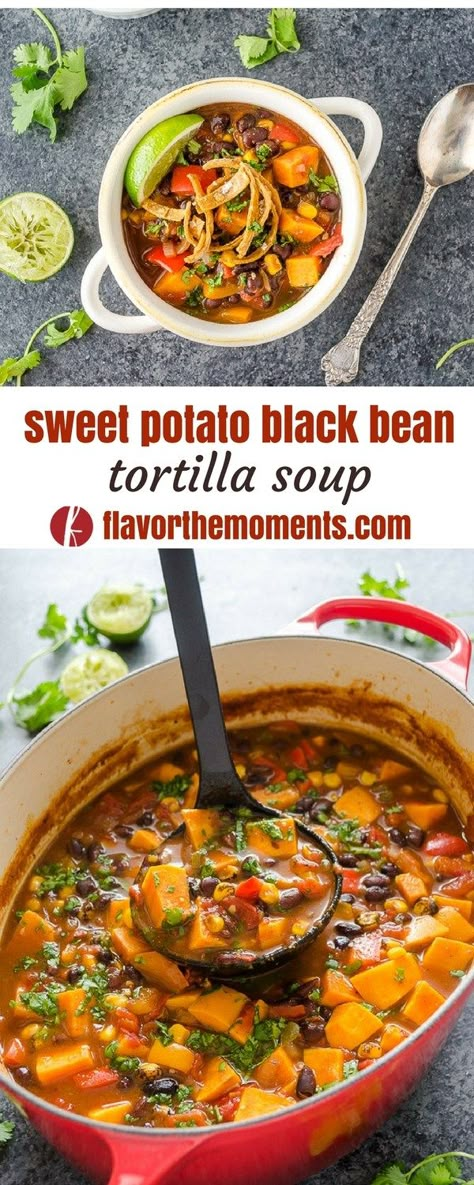 Black Bean Tortilla Soup, Bean Tortilla Soup, Black Bean Tortilla, Vegetarian Tortilla Soup, Sweet Potato Black Bean, Sweet Potato Black Beans, Diner Recept, Vegetarian Entrees, Vegan Eats