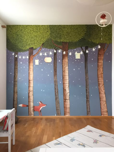 Forrest Nursery Mural, Forest Kids Room, Boys Room Mural, Fox Nursery Decor, Night Nursery, Glow In The Dark Stars, Bedroom Wall Decor Ideas, Interior Murals, Dark Stars