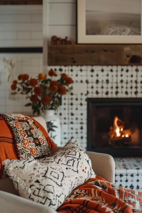 Cozy Farmhouse Fireplace Tile Ideas for Your Home Flower Tile Fireplace, Fireplace Boho Decor, Boho Tile Fireplace, Spanish Tile Fireplace Ideas, Boho Farmhouse Fireplace, Boho Fireplace Makeover, Tile Around Fireplace Ideas, Farmhouse Fireplace Tile, Hexagon Tile Fireplace