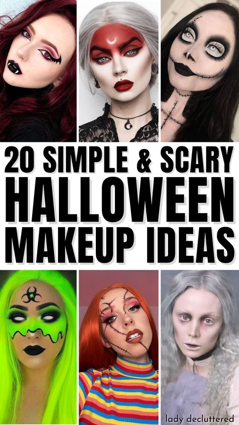 20 Simple & Scary Halloween Makeup Ideas Easy Scary Halloween Costume Ideas For Women, Halloween Make Up Ideas Easy Cute, Women Scary Halloween Costume Ideas, Women’s Halloween Makeup, Easy Face Makeup For Halloween, Makeup Only Halloween Costumes, Scary Woman Halloween Costumes, Last Minute Scary Halloween Costumes, Halloween Costumes Women Makeup