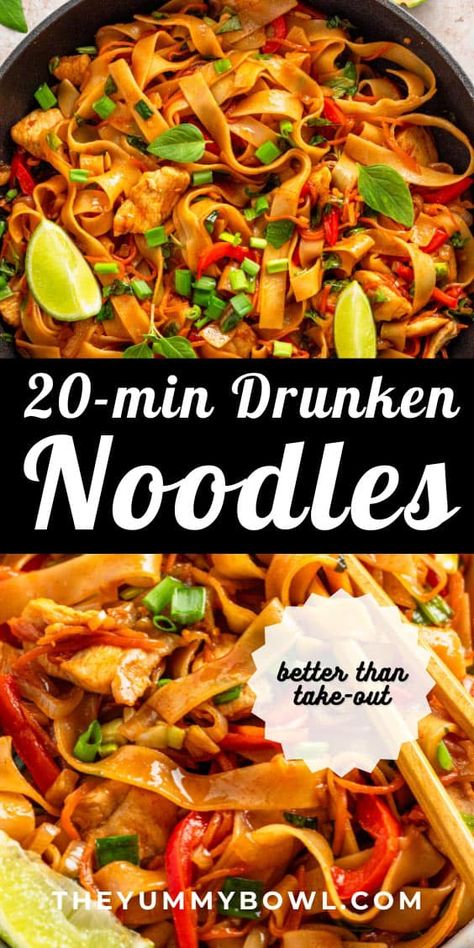 If you love Thai cuisine, you probably know about Drunken Noodles, otherwise known as Pad Kee Mao. They are simply delicious and making them homemade is so much healthier!rnrn Spicy Drunken Noodles, Drunken Noodles Recipe, Pad Kee Mao, Thai Recipes Noodles, Asian Noodle Dishes, Asian Noodle Recipes, Drunken Noodles, Noodle Recipes Easy, Chinese Cooking Recipes