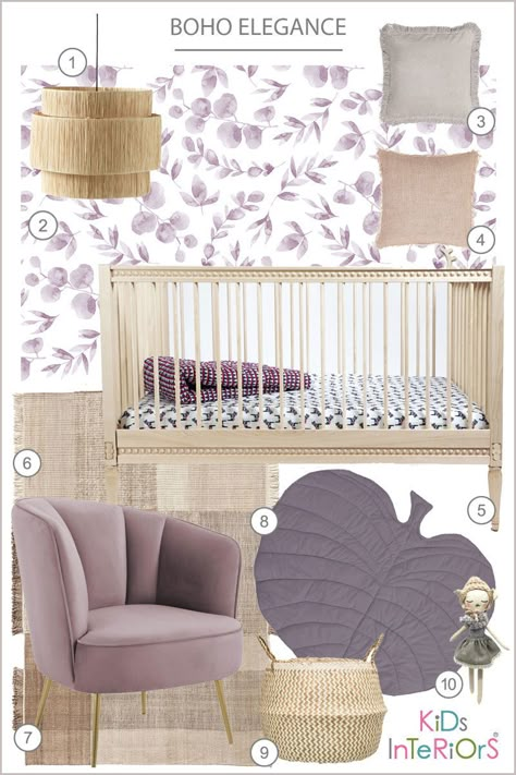 a baby nursery styleboard with aquarelle wine self adhesive wallpaper and Gustavienne babycot #nursery #babyroom #parenting #newparents #interiors #baby