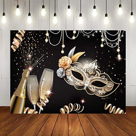 Amazon.com : Masquerade Party Backdrops Retro Gold Black Mask Carnival Birthday Photography Backdrop 7x5ft Vinyl Fiesta Mardi Gras Dance Photo Background Champagne Glass Photo Booths Props Decorations : Electronics Nye Masquerade Party Ideas, Maskara Party Masquerade Ball, Maskerade Ball Party Ideas, Mask Theme Party Decorations, Big Masquerade Mask Decoration, Bridal Shower Masquerade Theme, Masquerade Party Backdrop Ideas, How To Decorate For A Masquerade Ball, Ball Gown Themed Birthday Party