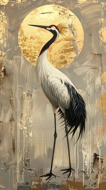 The painting is of a Japanese crane standing in front of a golden sun. The crane is white with black-tipped wings and a red crown ->> more details in ai-img-gen.com Crane Bird Art, Crane Art Paintings, Japanese Crane Painting, Japanese Crane Drawing, Golden Art Painting, Crane Silhouette, Japanese Crane Art, Japanese Art Painting, Crane Painting