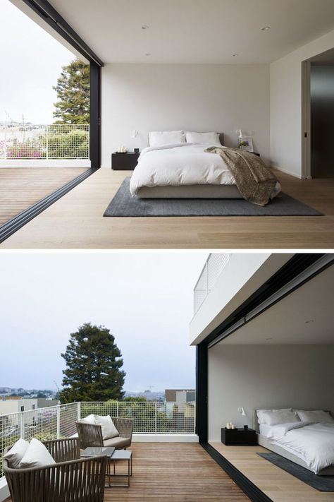 This modern master bedroom opens up to its own private balcony with views of the neighborhood. #MasterBedroom #Balcony #ModernBedroom Room Design With Balcony, Bedroom With Balcony Ideas, Bedroom View, Bedroom With Balcony, Modern Balcony, Bedroom Patio, Private Balcony, Open Wall, Bedroom Views