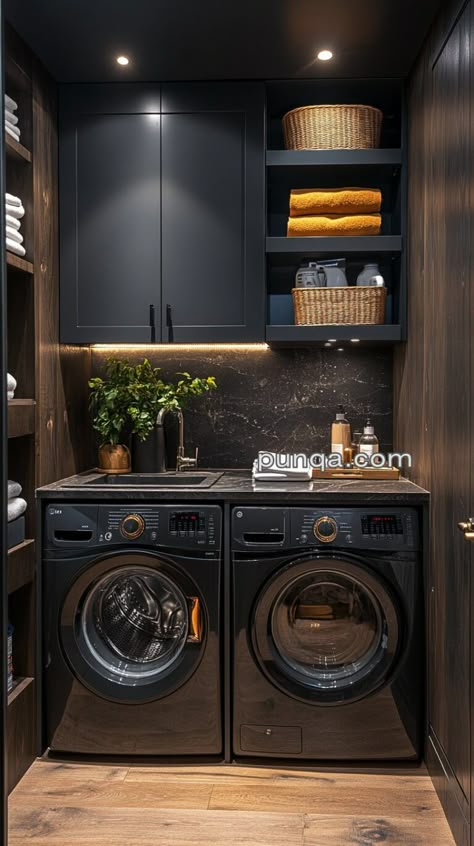 Small Space, Big Clean: Laundry Room Organization Hacks - punqa.com Washer And Dryer Laundry Room Ideas, Laundry Room With Upper Cabinets, Black Washer And Dryer Laundry Room Ideas, Low Ceiling Laundry Room, Laundry Set Up, All Black Laundry Room, Laundry Room Ideas Black And White, All In One Washer Dryer Laundry Room, Dark Moody Laundry Room Ideas