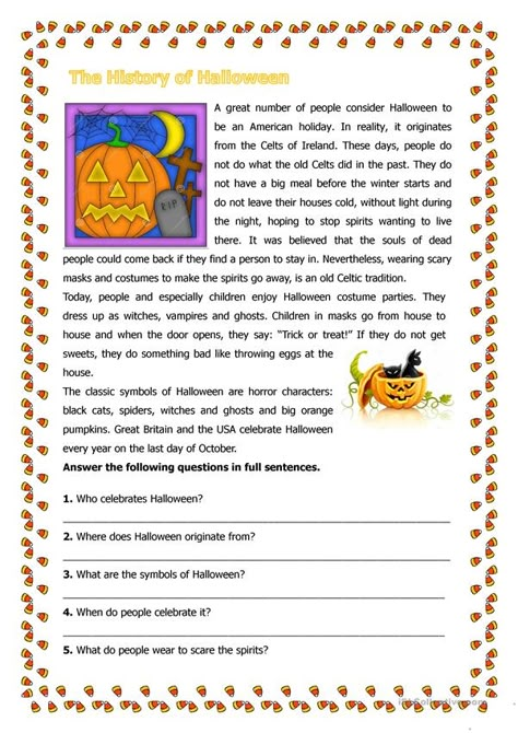 Halloween Worksheets Free, Halloween Reading Comprehension, Halloween Worksheet, History Of Halloween, Origin Of Halloween, Halloween Lesson, Halloween History, Halloween Reading, Halloween Text