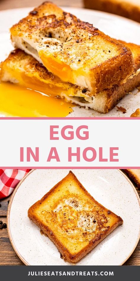 Quick and easy way to make toast and eggs for breakfast. Egg in a Hole is also known as Toad in a Hole. Bread that is pan fried in a skillet with an egg in the middle, seasoned with salt and pepper. #eggs #breakfast How To Make Egg In A Hole, Bread With Egg In Middle, Ways To Make Eggs For Breakfast, Toad In A Hole, Toast And Eggs, Eggs In Bread, Fried Egg On Toast, Fried Toast, Fried Egg Sandwich