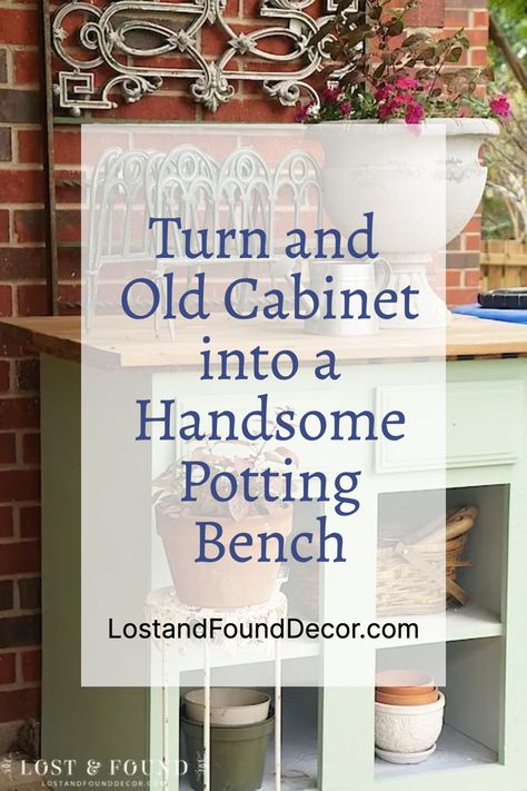 Transform an old cabinet into a beautiful and functional potting bench with just a few simple steps! This project is perfect for anyone looking to take their outdoor décor to the next level. Learn how to turn an old cabinet into a potting bench with a little paint and creativity. Kitchen Hutch Makeover, Diy Potting Table, Diy Kitchen Island Makeover, How To Whitewash Furniture, Planting Bench, Potting Bench With Sink, Antique Booth Display Ideas, Repurposed Hutch, Whitewash Furniture