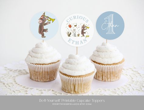 Curious George 1st Birthday, 1st Birthday Party Favors, Link Edit, Curious George Birthday, Birthday Cupcake Toppers, Mobile Editing, Cupcake Toppers Printable, Birthday Cupcake, Curious George