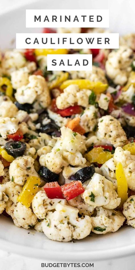 Marinated Cauliflower, Homemade Italian Dressing, Budget Bytes, Cauliflower Salad, Colorful Vegetables, Best Salad Recipes, Homemade Italian, Italian Dressing, Salad Side Dishes