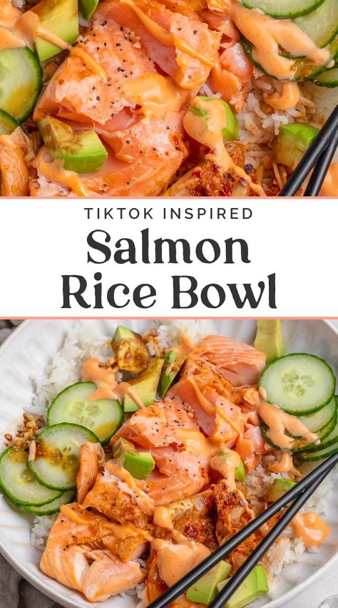 Tik Tok Salmon Rice Bowl, Salmon Rice Bowl Tiktok, Emily Mariko, Salmon Rice, Salmon Rice Bowl, Frozen Salmon, Salmon Bowl, Sriracha Mayo, Rice Bowls Recipes