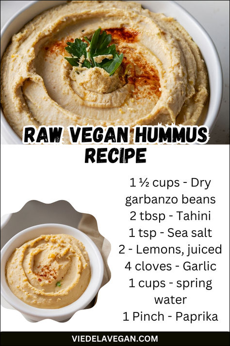 Raw Vegan Hummus Recipe Raw Hummus Recipe, Raw Vegan Meal Plan, Chickpea Hummus Recipe, Raw Vegetables Recipes, Vegan Hummus Recipe, Raw Food Snacks, Raw Vegan Meals, Vegan Dip Recipes, Healthy Vegetarian Meals