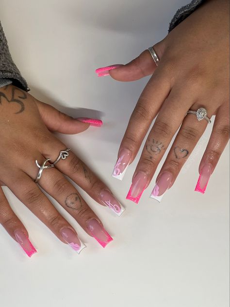 Valentine’s Nails Coffin, Pink French Tip Nails Y2k, French Tip Nails With Pink Design, Cute Pink French Tips, Acrylic Nails With Initial, Medium French Tip Nails, Pink French Tip Nails With Design, Medium Pink Nails, Pink On Pink French Nails