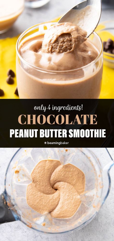 Creamy ‘n thick, this 4 ingredient Chocolate Peanut Butter Smoothie is satisfyingly packed with peanut butter, chocolate, and bananas! Made in less than 5 minutes. Tastes like peanut butter cups with sweet bananas. | Recipe at BeamingBaker.com Peanut Butter Mocha Smoothie, Pb2 Drink Recipes, Banana Peanut Butter Yogurt, Healthy Peanut Butter Protein Shake, Chocolate Peanut Butter Banana Smoothie Protein, Scooters Peanut Butter Power Smoothie, Pb Smoothie Recipes, Smoothie Recipes With Peanut Butter, Pbfit Smoothie Recipes