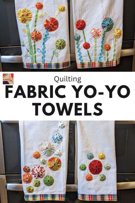 An idea for using yo-yos! Stitch them onto towels in various designs or as a flower garden. Yo Yo Projects, Fabric Yoyos, Yoyo Crafts, Yo Yo Crafts, Advanced Sewing Projects, Advanced Crochet Stitches, Applique Towels, Yo Yo Quilt, Advanced Sewing