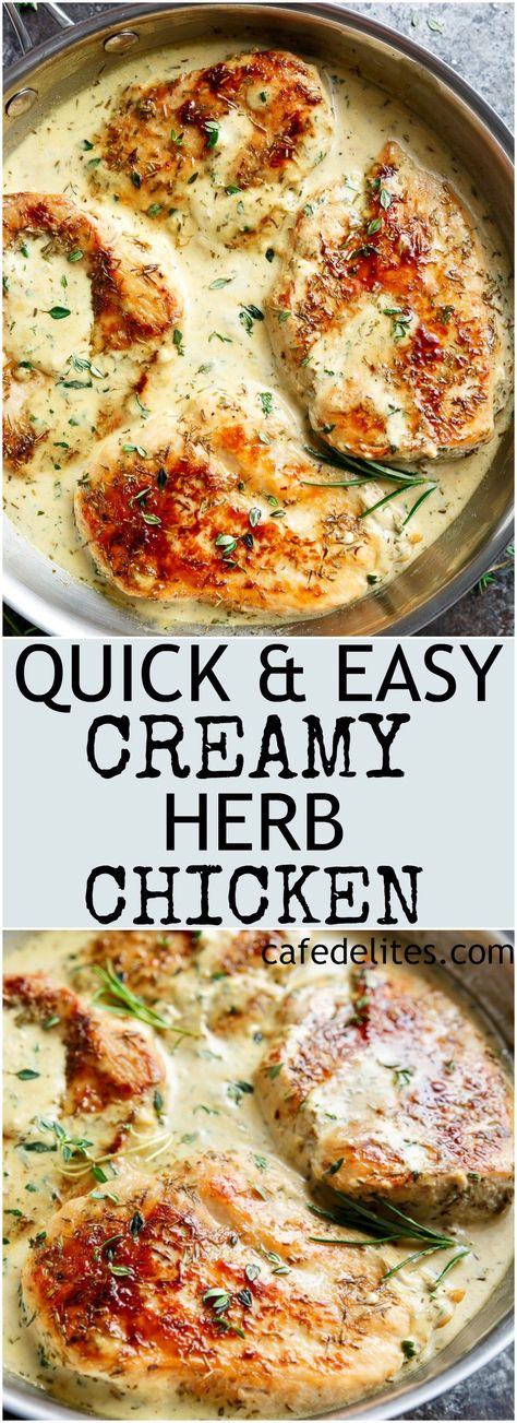 Quick And Easy Creamy Herb Chicken, filled with so much flavour, ready and on your table in 15 minutes! You won't believe how easy this is!   https://cafedelites.com  Use Thyme instead of rosemary Creamy Herb Chicken, Herb Chicken Recipes, Herb Chicken, Idee Pasto Sano, Alfredo Sauce, Cream Sauce, Chicken Breast Recipes, Iftar, Main Dish Recipes