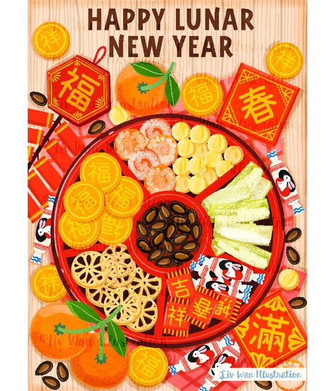 Lunar New Year Poster Design, Chinese New Year Design Illustration, Lunar New Year 2024, Chinese Food Illustration, Chinese New Year Drawing, Cny Illustration, Chinese New Year Painting, Tet Illustration, Lunar New Year Illustration