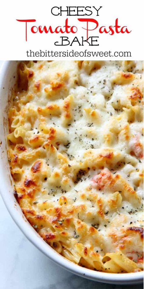 This Cheesy Tomato Pasta Bake is an irresistible casserole the whole family will nosh! It's vegetarian-friendly, and oh so good. Look at that bubbly cheese. | The Bitter Side of Sweet Leftover Pasta Bake, Cheesy Tomato Pasta, Spinach Ricotta Pasta, Pesto Pasta Bake, Tomato Pasta Bake, Casserole Meals, Cheesy Pasta Bake, Salad Appetizer Cups, Appetizer Cups