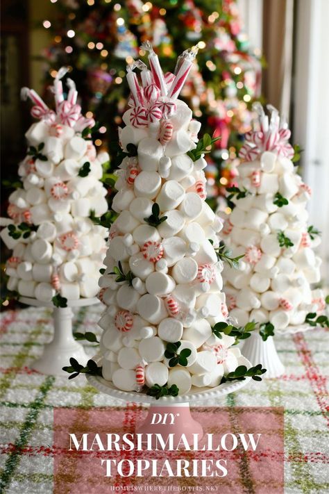 White Christmas Centerpieces For Table, Winter Centerpieces For Table, Diy Holiday Ideas, Topiary Diy, Christmas Topiary, Xmas Baking, Napkin Folds, Cookie Exchange Party, Candy Ideas