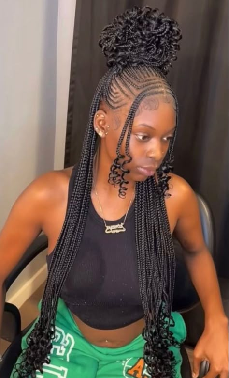 Braided Hair Designs For Black Women, Hairstyles Braids Medium Hair, Half And Half Braided Hairstyles, Braided Hairstyles Without Curls, Braids In The Front Plaits In The Back, Fulani Braids With Two Front Braids, Funali Braids With Weave, Hairstyles Small Braids, Trible Braids With Box Braids