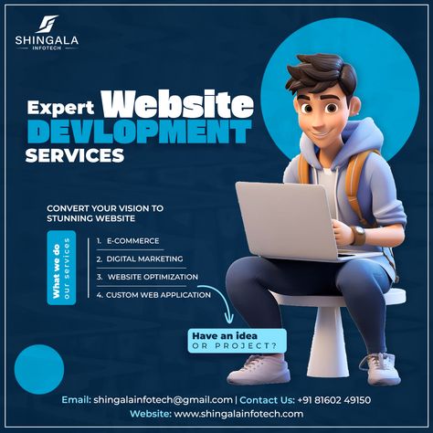 Convert your vision to a stunning website with Shingala Infotech! 💻✨ We offer expert website development services, from e-commerce to custom web applications. Let us help you bring your ideas to life! 💡 Here's what we do: E-commerce Digital Marketing Website Optimization Custom Web Applications Mobile Applications development Have an idea or project? Get in touch with us today! 📞 +91 8160249150 🌍 www.shingalainfotech.com 📧 shingalainfotech@gmail.com #shingalainfotech #websitedeve... Person Photography, Web Development Projects, Digital Marketing Website, Architecture Design Sketch, Website Optimization, Web Application Development, Website Header Design, Website Design Company, Website Development Services