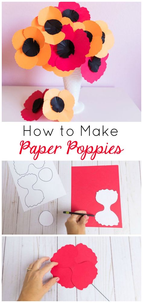 How to Make Easy Paper Poppies - Design Improvised Remembrance Day Wreaths School, Paper Plate Poppy Craft, Remembrance Day Crafts, Poppy Craft For Kids, Poppy Template, Construction Paper Flowers, Paper Poppies, Remembrance Day Activities, Poppy Day