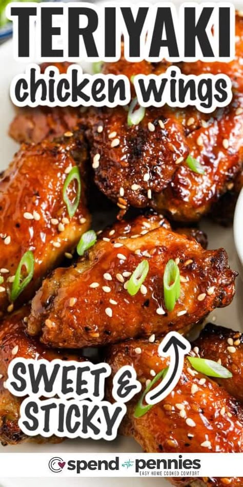 These teriyaki chicken wings are the perfect snack, appetizer, or lunch. Sticky and sweet are what makes these wings so finger-licking delicious. Simply toss some wings with a homemade or store bought teriyaki sauce and some seasonings, then cook in the air fryer and serve. So easy! #teriyakichickenwings #teriyakiwings #teriyakichickenwingsrecipe #spendwithpennies Teriyaki Wings Recipe, Baked Teriyaki Chicken Wings, Teriyaki Chicken Wings Recipe, Chicken Wings Crockpot, Teriyaki Wings, Teriyaki Chicken Wings, Baked Teriyaki Chicken, Easy Teriyaki Chicken, Wing Sauce Recipes