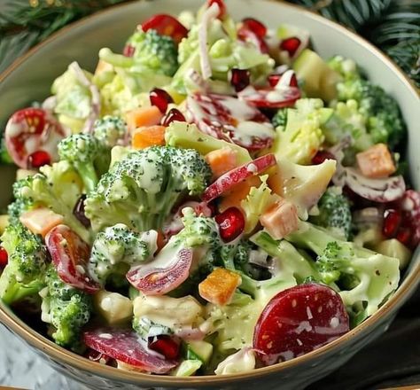 Dc, Barbara Oneill health Tips | 🎄✨ Christmas Salad – Festive, Fresh, and Full of Flavor | Facebook Broccoli Cauliflower Salad Recipes, Salad Recipes Holidays, Vegetarian Holiday Recipes, Christmas Vegetables, Christmas Salad Recipes, Mediterranean Recipe, Broccoli Cauliflower Salad, Christmas Salad, Jar Salads