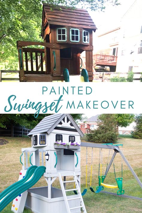 Learn how to restore an old wooden swing set. Head over to the blog for tips on how to paint and reinforce a wooden swing set including the best paint and stain to use. Repaint Playset, Play Set Accessories Outdoor, Wooden Playset Makeover, Playground Makeover, Entryway Plants, Swing Set Makeover, Playset Makeover, Garage Stairs, Hair Middle Part