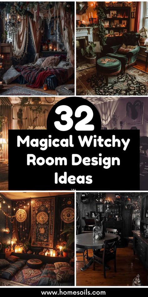 Explore 32 magical witchy room design ideas that blend whimsy and style for an enchanting atmosphere. Transform your space into a mystical retreat—find all the inspiration on our site! Witchy Basement Ideas, Modern Witch Interior Design, Wiccan Interior Design, Home Office Witchy, Witchy Exterior House, Moody Witchy Decor, Witchy Aesthetic Living Room, Witchy She Shed Interior, Woodsy Gothic Decor