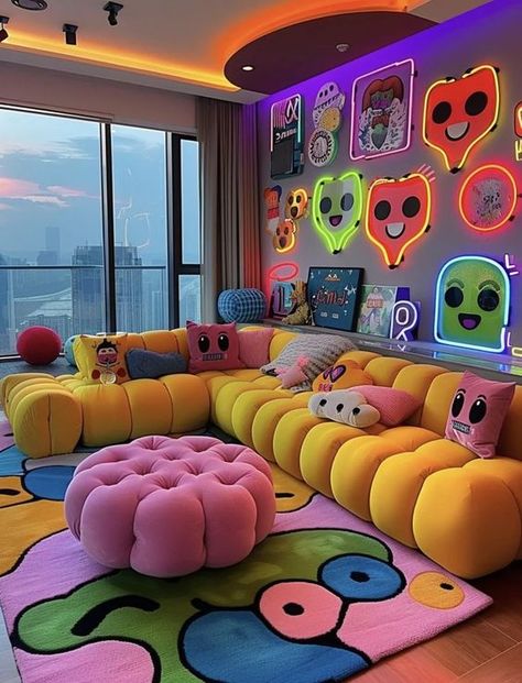 Modern Quirky Living Room, Bedroom In Living Room Ideas, Fun Living Room, Girly Apartment Decor, Chill Room, Dream Apartment Decor, Future Apartment Decor, Dekorasi Kamar Tidur, Funky Home Decor