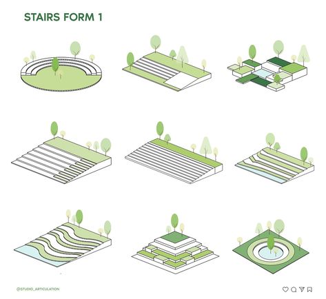 Exploring Stair Forms: A series of innovative landscape designs integrating stairs with green spaces. These variations showcase different approaches to merging functionality with aesthetic appeal, from terraced seating areas to amphitheater-style arrangements. Follow @studio_articulation for more architectural design concepts and inspiration! Software used : SKETCHUP AND ILLUSTRATOR (Architecture graphics interior representation architecture diagram visualizer visualisation, spatial zonin... Land Scape Architecture, Bionic Architecture, Illustrator Architecture, Amphitheater Architecture, Function Diagram, Bench Drawing, Landscape Architecture Diagram, Architecture Diagram, Urban Design Concept