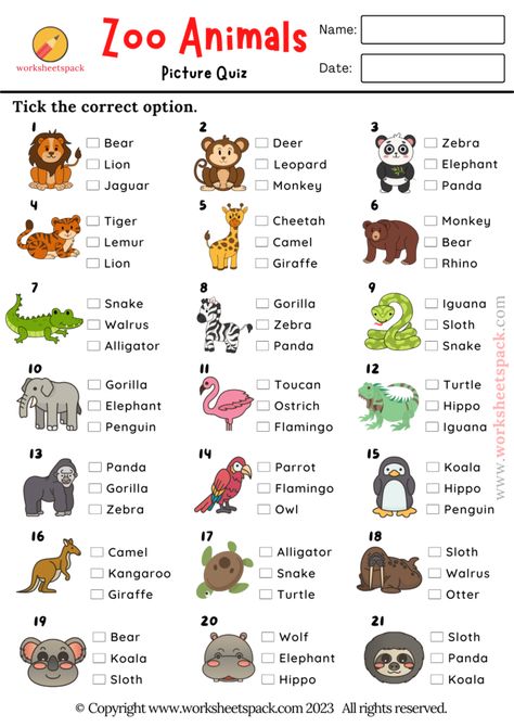 Animal Quiz, Free Printable Animal Picture Test - worksheetspack Worksheet Animals For Kids, English Test For Kids, Zoo Vocabulary, Animal Worksheets For Kids, Printable Animal Pictures, Animals Activities For Kids, English For Kindergarten, English Animals, Animals Worksheet