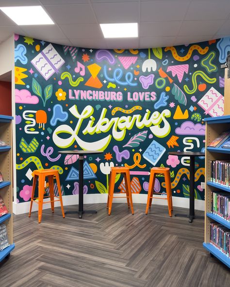 swipe 👉🏻 for some yummy closeups 😋📚🎨 #artist #mural #painting #muralart #library #bookstagram #library #supportlocal #muralist 🎨 for @lynchburgpubliclibrary I worked with some amazing ladies at the branch to create a design that is fun, welcoming, and vibrant without feeling like it’s just for kids. I took the city’s branded palette and added in 5 more shades and colors, which kept it cohesive but not corporate. 😉💙 👉🏻 want a mural for your city, business, or space? Let’s talk:) 📧 What ... Corporate Mural, Bold Office, Library Mural, Office Mural, Brand Palette, Murals For Kids, Mural Painting, Mural Art, The City