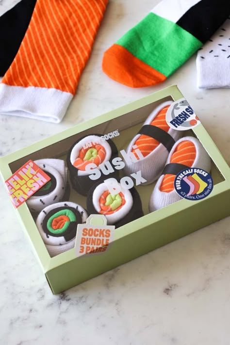 Sushi Box Set Of 3 Socks Socks Box Design, Sushi Box Design, Socks Packaging Ideas, Funky Packaging, Plastic Packaging Design, Sock Packaging, Sushi Socks, Packing Idea, Sushi Box