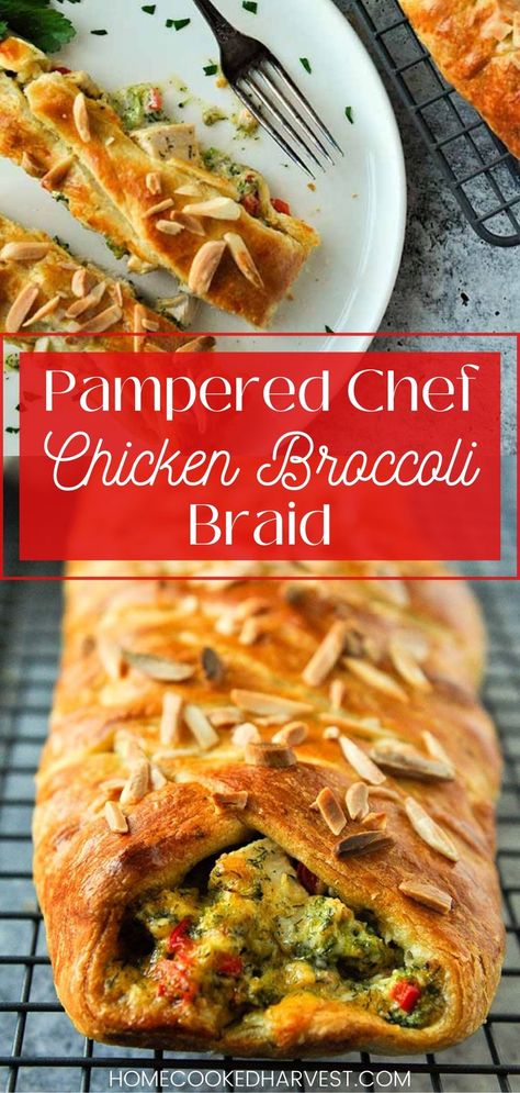 Up close of cooked Pampered Chef chicken broccoli braid on a cooking rack. Chicken And Broccoli Braid, Chicken Broccoli Braid, Broccoli Braid, Chicken Braid, Broccoli Chicken, Pampered Chef Recipes, Cheese All, Chicken And Broccoli, Crescent Roll Recipes