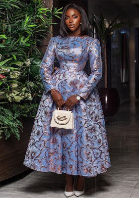 Women Spring Round Neck Long Sleeve Maxi Pleated Dress Brocade Dresses, Classy Dress Outfits, Latest African Fashion Dresses, African Design Dresses, African Dresses For Women, Spring Outfits Women, African Attire, African Fashion Dresses, Classy Dress