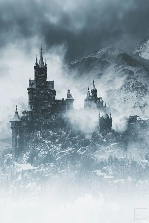 Winter Kingdom Aesthetic, Fantasy Winter Aesthetic, Winter Castle Aesthetic, Winter Fantasy Aesthetic, Vampire Castle, Snow Castle, Dark Mountains, Mountain Aesthetic, Mountains Aesthetic