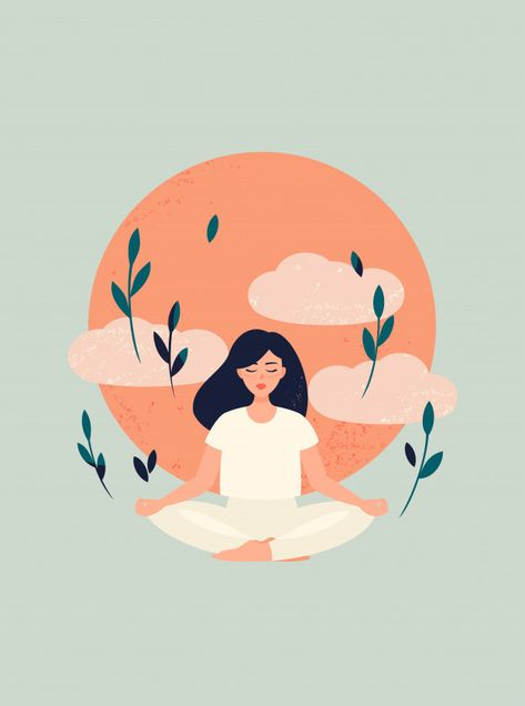 Illustration of yoga girl meditation wit... | Premium Vector #Freepik #vector #tree #people #love #nature Yoga Girl, Premium Vector, Lotus, Meditation, Yoga, Orange, Art