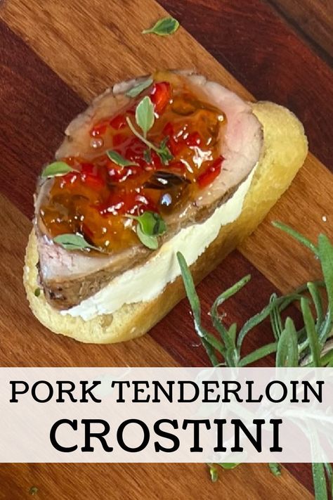 Pork Loin Crostini, Wine Dinner Recipes, Tenderloin Crostini, Cheese And Pepper Jelly, Wine Club Ideas, Appetizers Bruschetta, Entertaining Meals, Pork Tenderloin Medallions, Bbq Pork Tenderloin