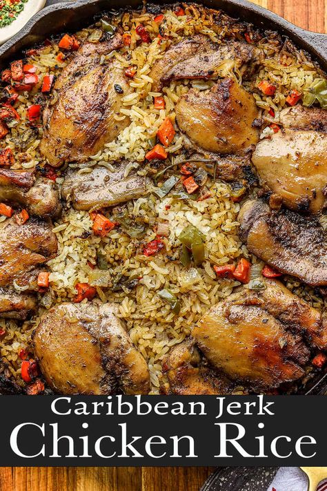 Jerk Chicken And Rice, Caribbean Chicken, Chicken And Rice Recipe, Jamaican Cuisine, Jamaican Dishes, Easy One Pot Meals, Rice Dish, Jerk Chicken, Jamaican Recipes