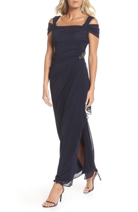 Free shipping and returns on Alex Evenings Embellished Cold Shoulder Column Gown at Nordstrom.com. Embody elegance in this beautifully embellished gown styled with draped cold-shoulder sleeves and a figure-flattering ruched side detail finished with sparkle. Dinner Dress Classy Nordstrom, Young Mother Of The Bride Dresses Navy, Luxury Elegant Cold Shoulder Dresses, Off Shoulder Dress For Older Women, Luxury Fitted Cold Shoulder Dress, Summer Mother Of The Bride Dresses, Mother Of Groom Outfits, Mom Of Bride, Mother Of Groom Dress