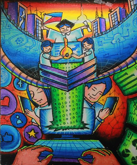 Theme: “Data Innovation: Key to a Better Nation” Medium: Oil Pastel on Illustration Board Matatag Na Edukasyon Poster, School Poster Drawing, English Month Poster Making, Importance Of Education Poster Drawing, Education Related Drawings, Poster About Science, Importance Of Education Poster, Economic Poster, Math Poster Making Drawing