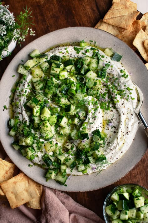 Whipped Feta Dip with Cucumber Salad - The Original Dish Arabisk Mad, Whipped Feta Dip, Tzatziki Chicken, The Original Dish, Creamy Feta, Feta Dip, Whipped Feta, Pita Chips, Cucumber Salad